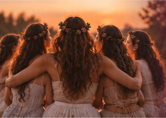 Femmes enlacées de dos face au soleil couchant