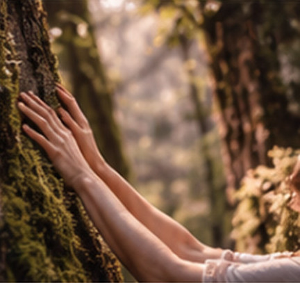 Main posée sur l'écorce moussue d'un arbre