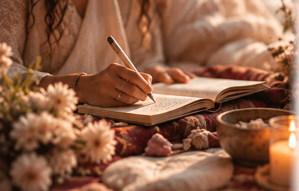 Main écrivant dans un carnet entouré de fleurs et d'une tasse