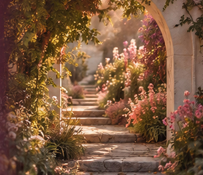 Chemin de pierre bordé de fleurs dans une lumière chaleureuse