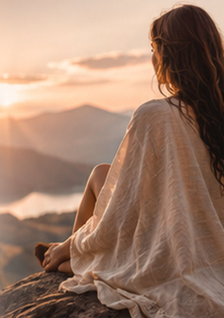 Femme assise face aux montagnes dans une lumière de coucher de soleil