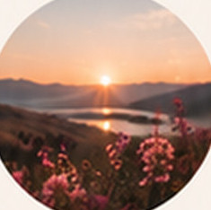 Paysage de lac et de fleurs au coucher du soleil