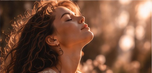 Femme au visage tourné vers la lumière dans une nature dorée