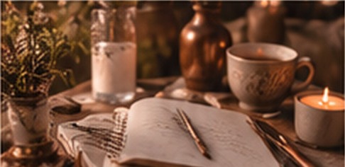Carnet ouvert, tasse et bougie sur une table en bois