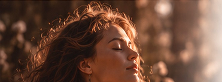 Femme les yeux fermés dans une lumière chaleureuse