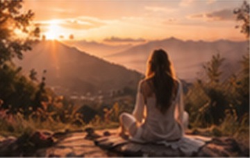 Femme en méditation face aux collines au coucher du soleil