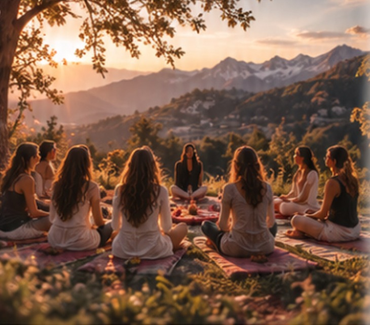 Groupe de femmes en cercle de méditation face aux montagnes au coucher du soleil
