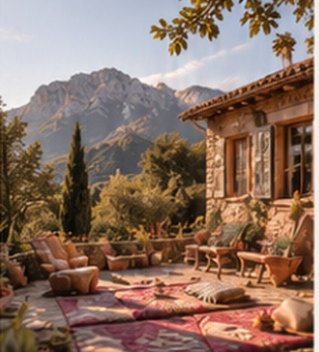 Terrasse de pierre garnie de tapis et de coussins face aux montagnes